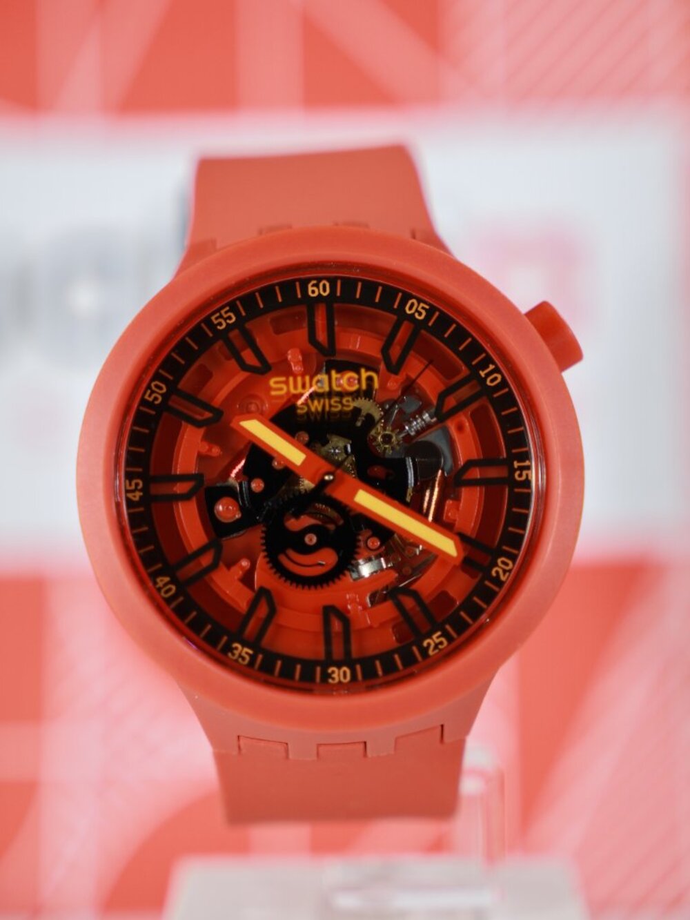 New Swiss Swatch Limited Open Hearts SB01R100 47MM Matte Red Big Bold Orange Glo